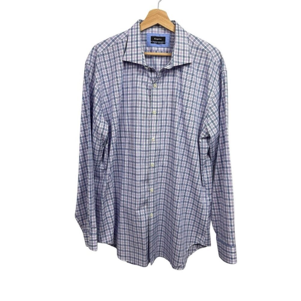 Esquire Dress Shirt Mens Size 17 1/2 34 35 Plaid Button Up Slim Fit No Iron
